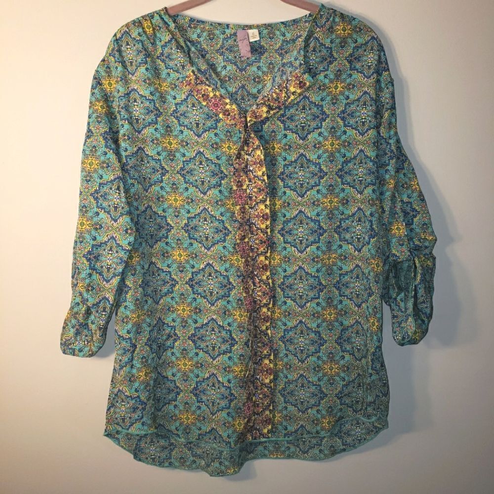 AYLA MANDALA BOHO VIBRANT PRINT 3/3 SLEEVE LIGHTWEIGHT BLOUSE